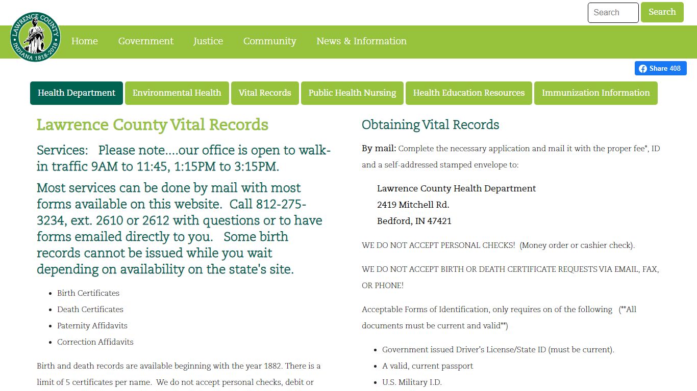 Health Department - Vital Records - Lawrence County Indiana